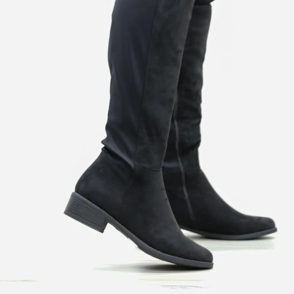 Low Heel Thigh High Boots Womens Over The Knee Suede & Stretchy Material Mix - Picture 8 of 14